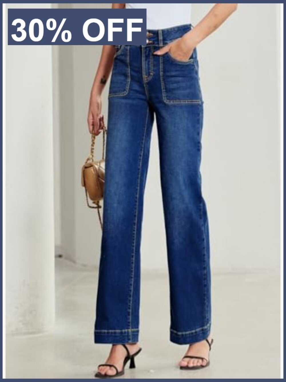 High Waisted Wide Leg Jeans Stretchy Tummy Control Straight Leg Denim Pants - Picture 3 of 7